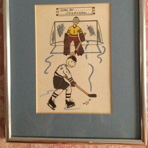 Vintage hand drawing print framed Goal by Jonathan signed Marlene 8/ 87